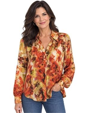 Jones New York Floral Ruffle-Neck Long-Sleeve Blouse - Orange Multi